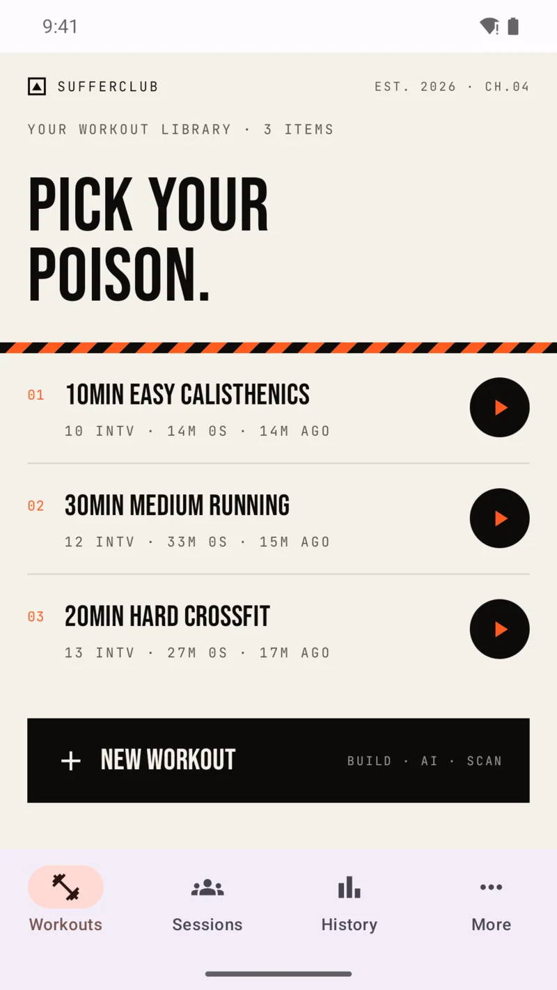 The SufferClub workout library on Android, listing saved workouts ready to start
