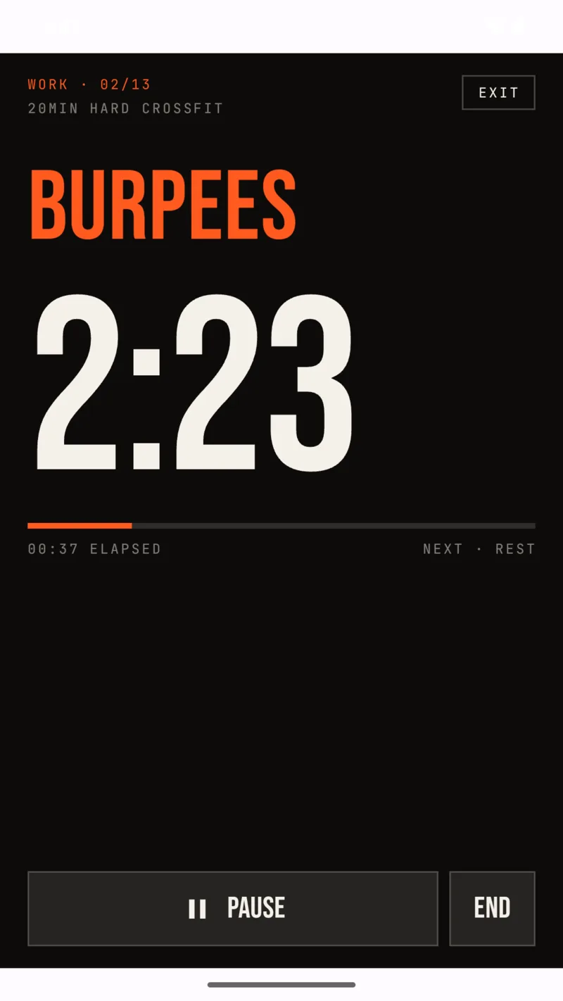 The SufferClub live interval timer on Android counting down a round of burpees