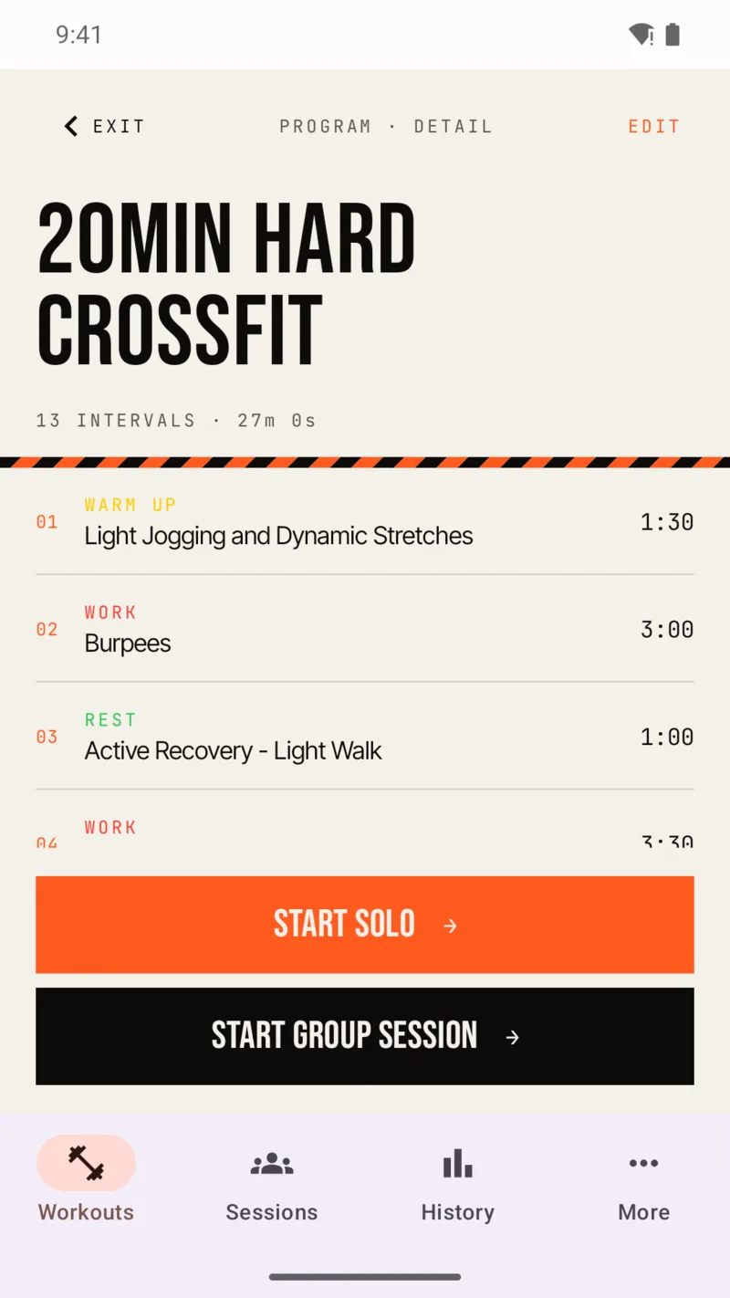 A SufferClub workout on Android broken into timed work and rest intervals