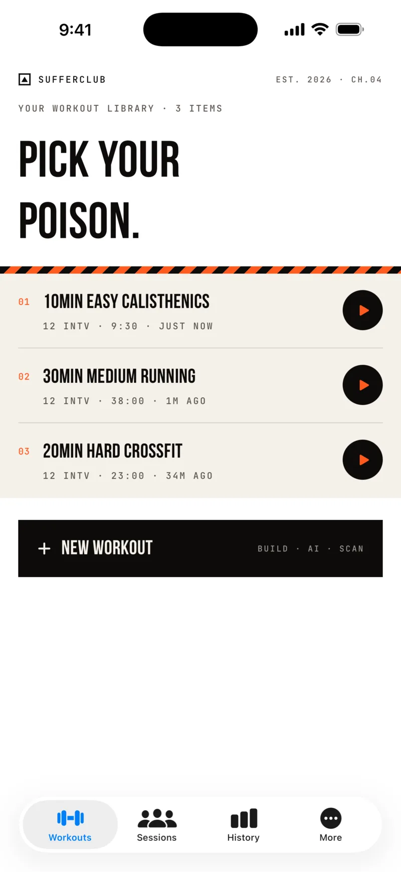The SufferClub workout library on iOS, listing saved workouts ready to start
