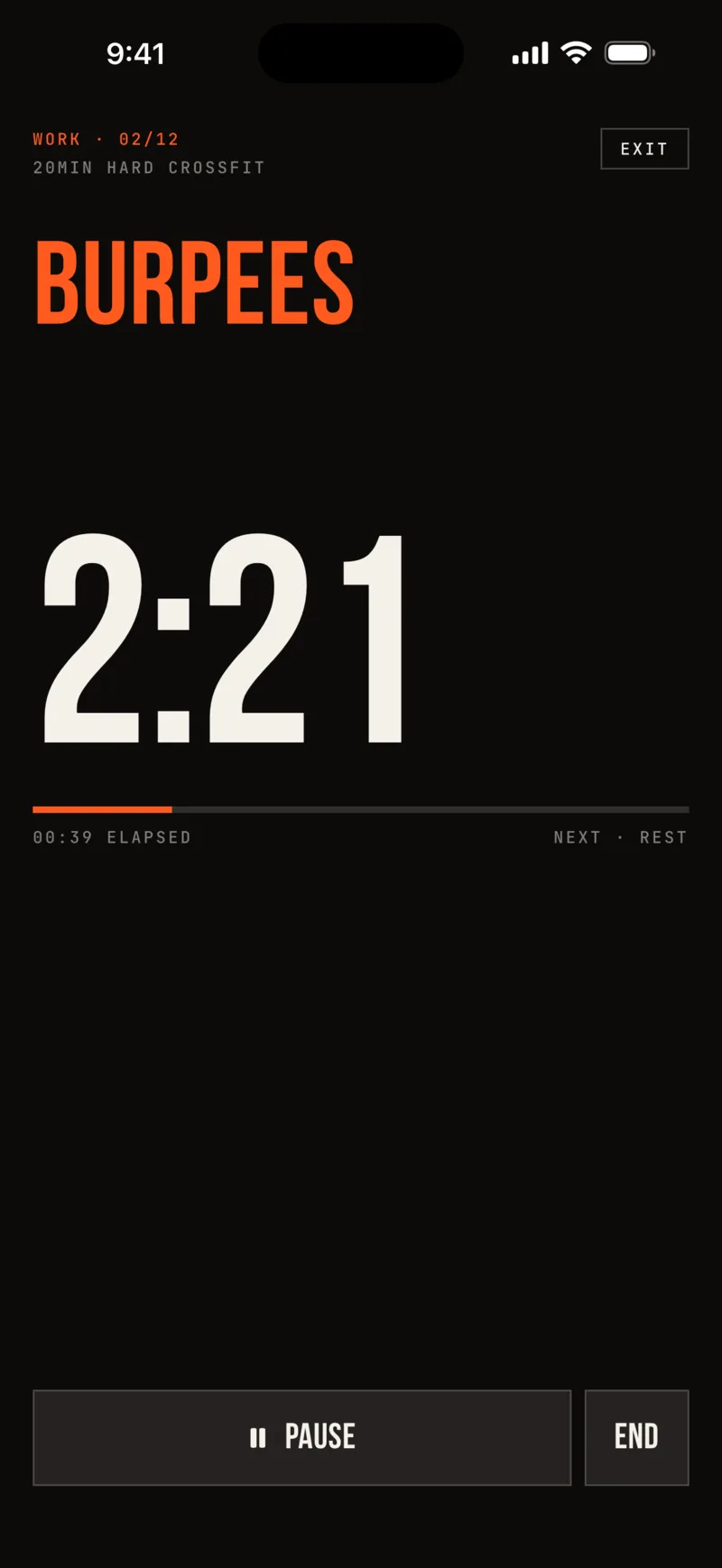 The SufferClub live interval timer on iOS counting down a round of burpees