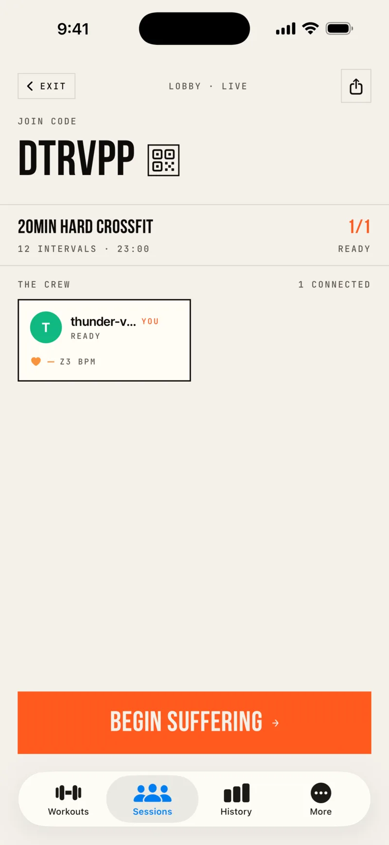 A SufferClub group session lobby on iOS with invited friends waiting to start