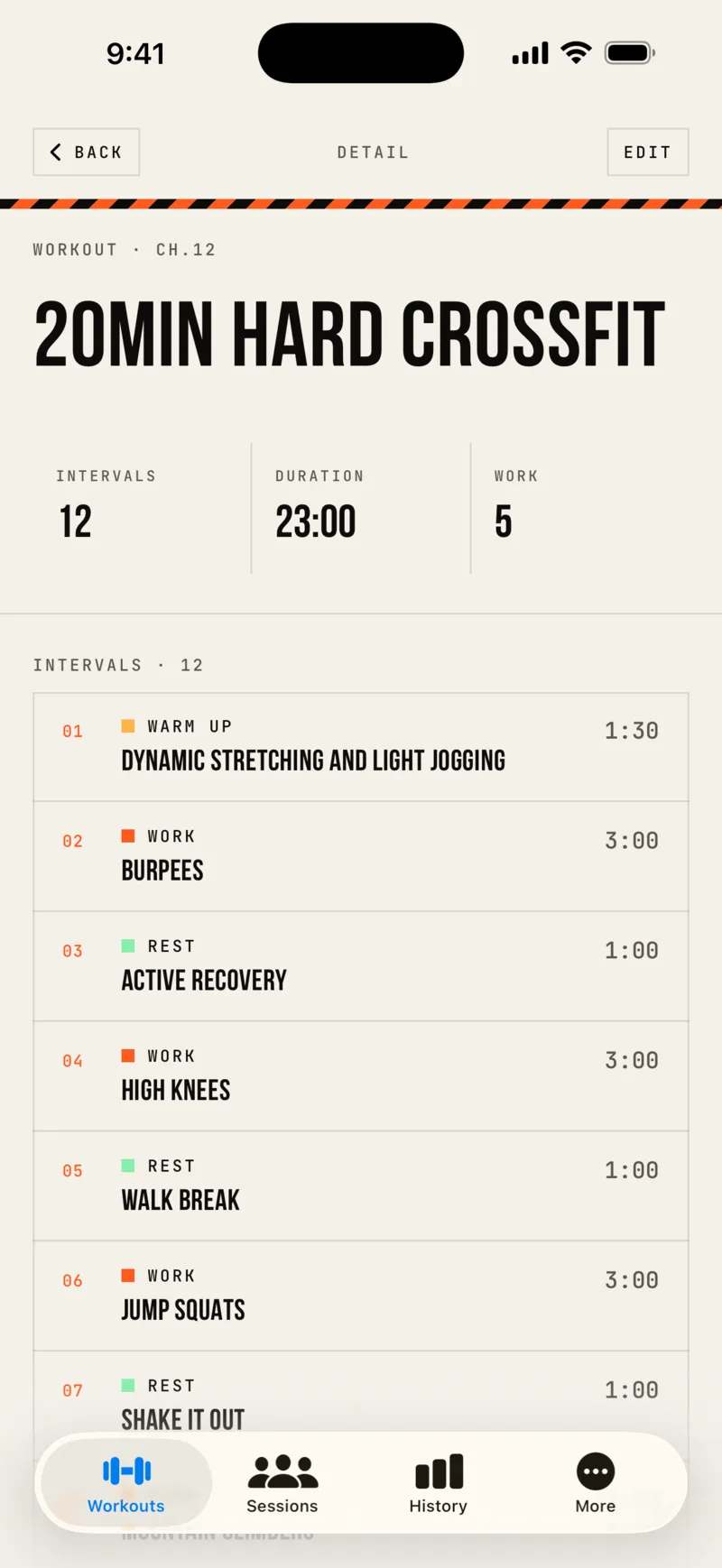 A SufferClub workout on iOS broken into timed work and rest intervals